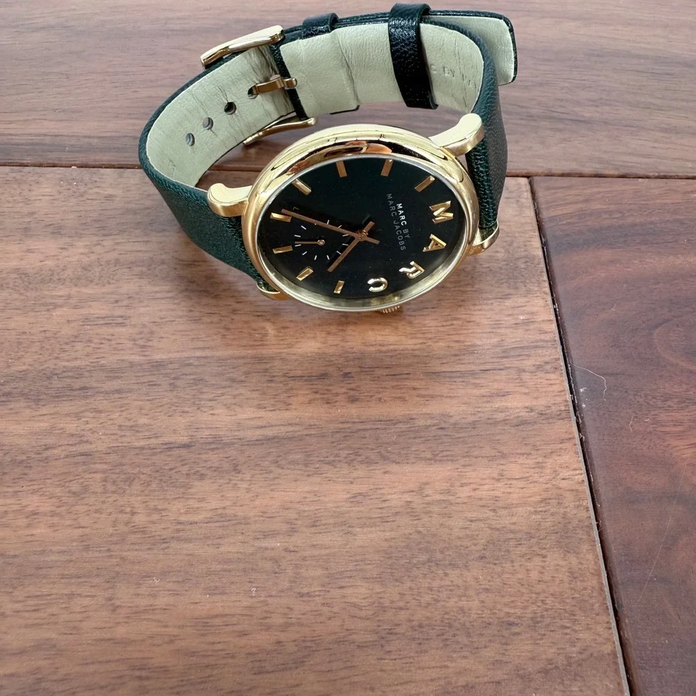 Marc by‎ Marc Jacobs Gold Tone Green Leather Band Watch Black Face